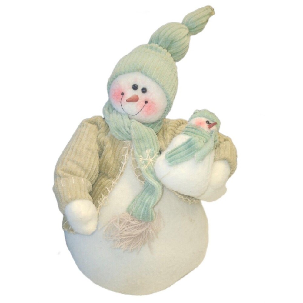 Freestanding Fabric Snowman With Baby, 12", Shabby Chic Rustic, Cream Tan Green